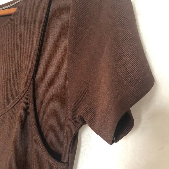 Vintage 70s Brown Ribbed Button Down Midi Dress with Decorative Ribbed Buttons - Picture 6 of 11